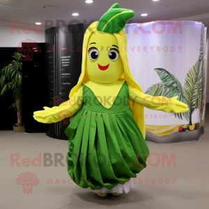 Forest Green Banana mascot costume character dressed with a Pleated Skirt and Hair clips