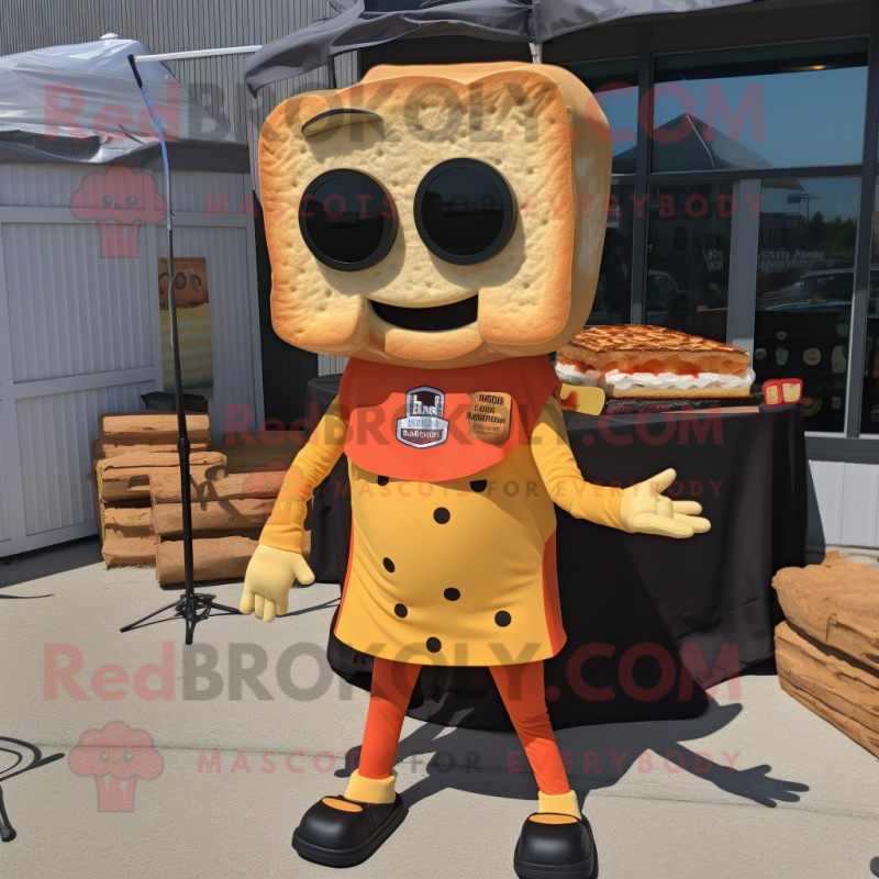Rust Grilled Cheese Sandwich mascot costume character dressed with a Romper and Sunglasses Rust Grilled Cheese Sandwich mascot costume character dressed with a Romper and Sunglasses