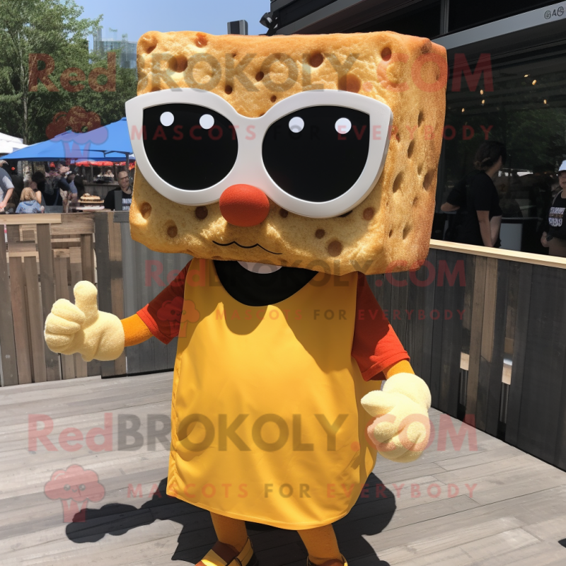 Rust Grilled Cheese Sandwich mascot costume character dressed with a Romper and Sunglasses Rust Grilled Cheese Sandwich mascot costume character dressed with a Romper and Sunglasses