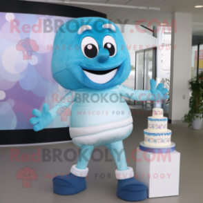 Cyan Wedding Cake mascot costume character dressed with a Yoga Pants and Mittens