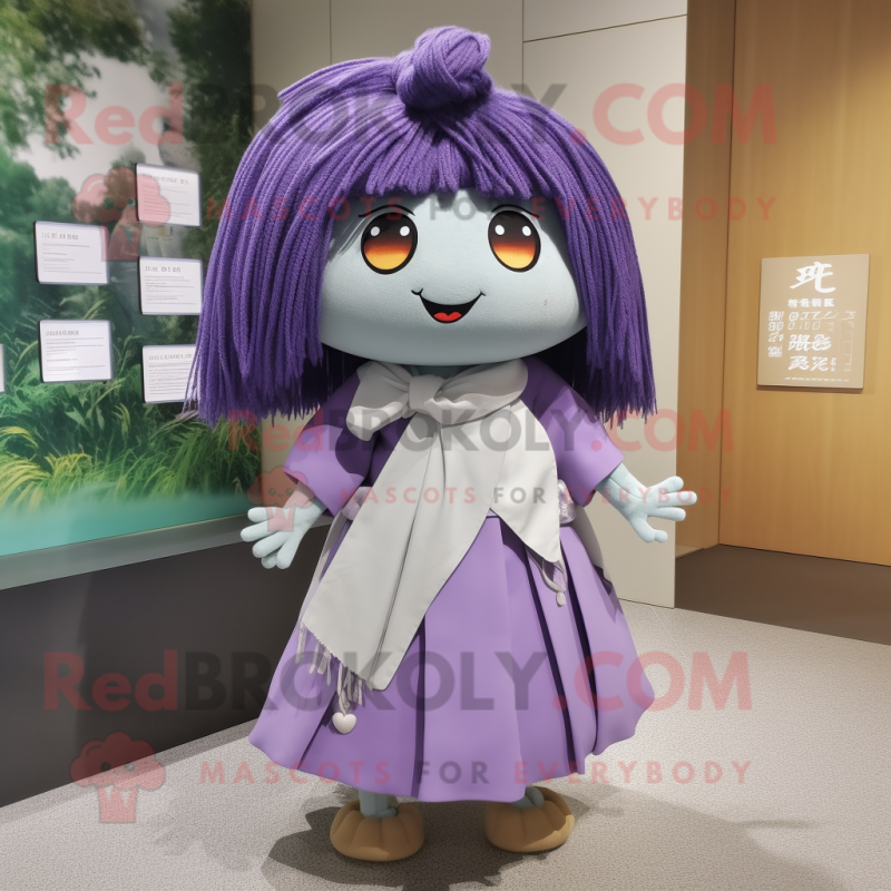 Lavender Miso Soup mascot costume character dressed with a Wrap Skirt and Hairpins