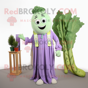 Lavender Celery mascot costume character dressed with a Jumpsuit and Scarves