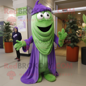 Lavender Celery mascot costume character dressed with a Jumpsuit and Scarves
