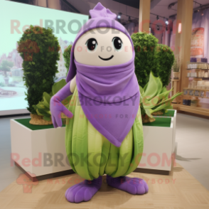 Lavender Celery mascot costume character dressed with a Jumpsuit and Scarves