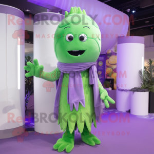 Lavender Celery mascot costume character dressed with a Jumpsuit and Scarves