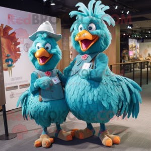 Teal Roosters mascot costume character dressed with a Vest and Hair clips