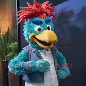 Teal Roosters mascot costume character dressed with a Vest and Hair clips