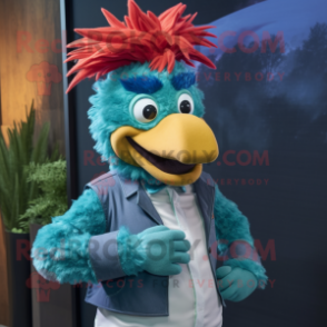 Teal Roosters mascot costume character dressed with a Vest and Hair clips
