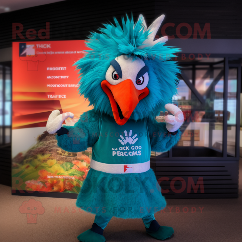 Teal Roosters mascot costume character dressed with a Vest and Hair clips