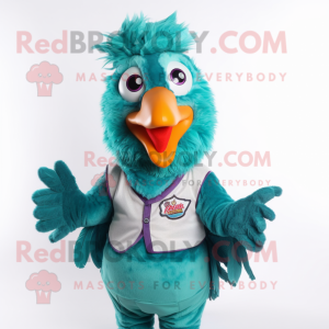 Teal Roosters mascot costume character dressed with a Vest and Hair clips