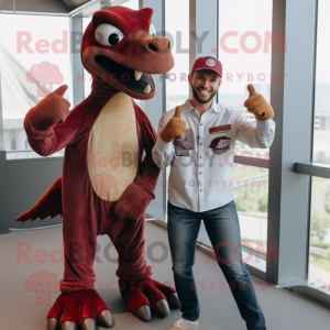 Maroon Utahraptor mascot costume character dressed with a Mom Jeans and Cufflinks
