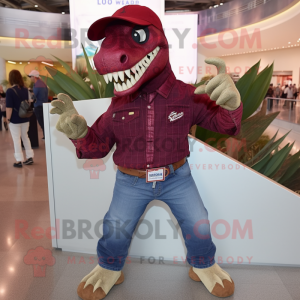 Maroon Utahraptor mascot costume character dressed with a Mom Jeans and Cufflinks