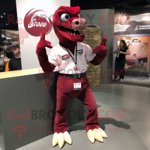 Maroon Utahraptor mascot costume character dressed with a Mom Jeans and Cufflinks