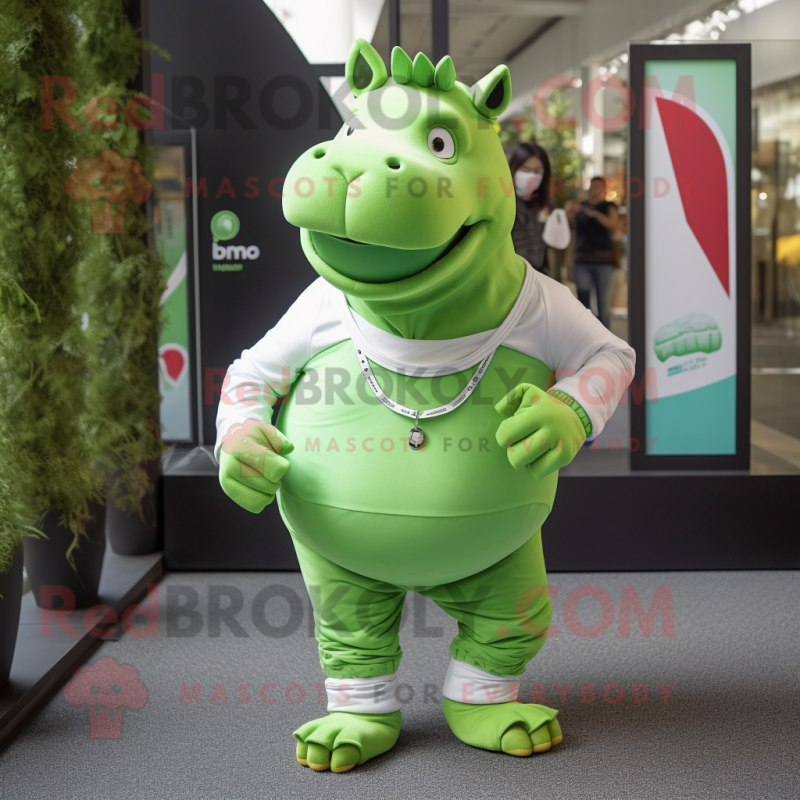 Lime Green Rhinoceros mascot costume character dressed with a Running Shorts and Bracelet watches