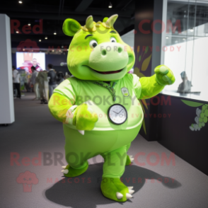 Lime Green Rhinoceros mascot costume character dressed with a Running Shorts and Bracelet watches