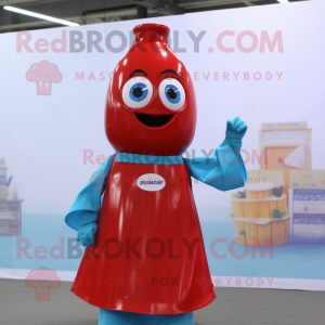 Cyan Bottle Of Ketchup mascot costume character dressed with a Shift Dress and Suspenders