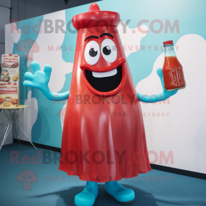 Cyan Bottle Of Ketchup mascot costume character dressed with a Shift Dress and Suspenders