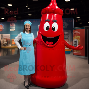 Cyan Bottle Of Ketchup mascot costume character dressed with a Shift Dress and Suspenders