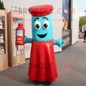 Cyan Bottle Of Ketchup mascot costume character dressed with a Shift Dress and Suspenders