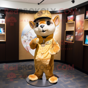 Gold Flying Squirrel mascot costume character dressed with a Leggings and Hat pins