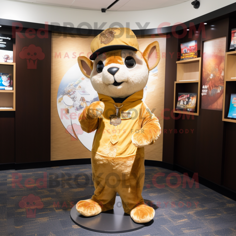 Gold Flying Squirrel mascot costume character dressed with a Leggings and Hat pins Gold Flying Squirrel mascot costume character dressed with a Leggings and Hat pins