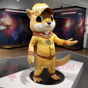 Gold Flying Squirrel mascot costume character dressed with a Leggings and Hat pins