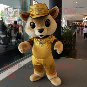 Gold Flying Squirrel mascot costume character dressed with a Leggings and Hat pins