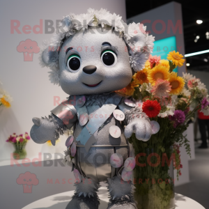 Silver Bouquet Of Flowers mascot costume character dressed with a Romper and Necklaces