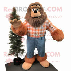 Peach Sasquatch mascot costume character dressed with a Flannel Shirt and Tie pins