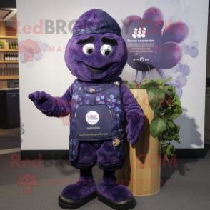 Navy Grape mascot costume character dressed with a Sweater and Mittens