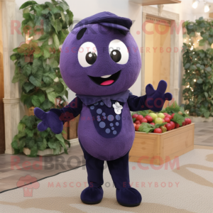 Navy Grape mascot costume character dressed with a Sweater and Mittens