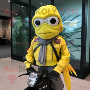 Lemon Yellow Betta Fish mascot costume character dressed with a Biker Jacket and Shawls