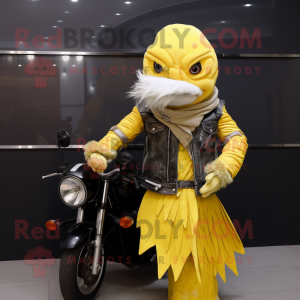 Lemon Yellow Betta Fish mascot costume character dressed with a Biker Jacket and Shawls