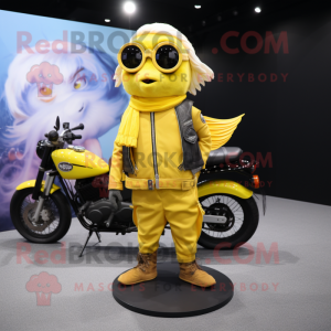 Lemon Yellow Betta Fish mascot costume character dressed with a Biker Jacket and Shawls