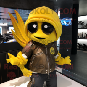 Lemon Yellow Betta Fish mascot costume character dressed with a Biker Jacket and Shawls