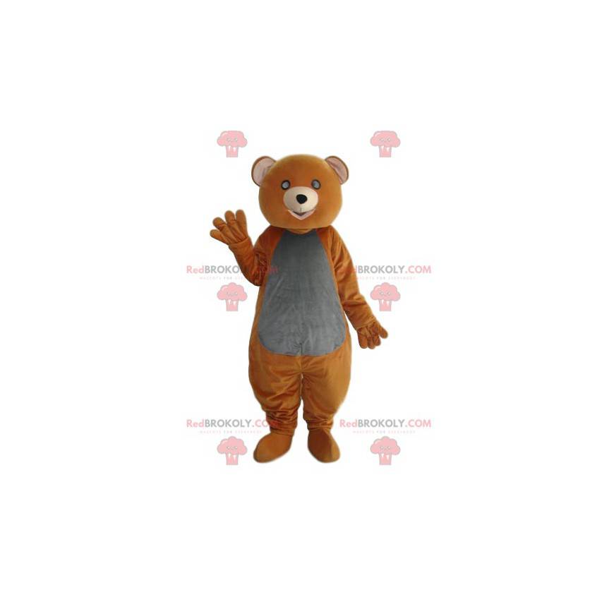 Mascota oso naranja y gris con una mirada conmovedora -