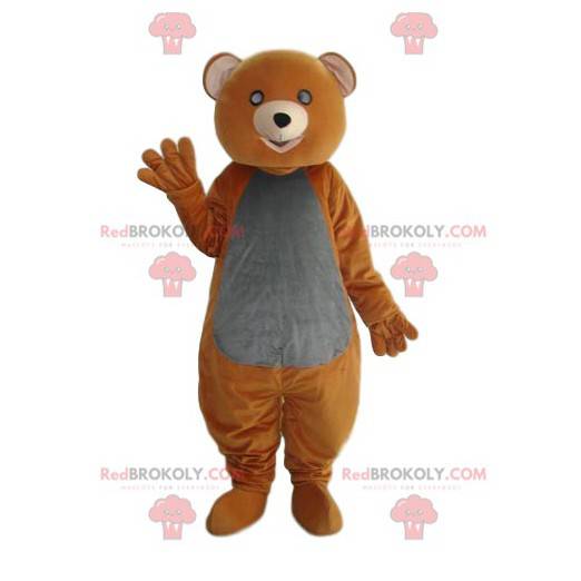 Mascote urso laranja e cinza com um olhar comovente -
