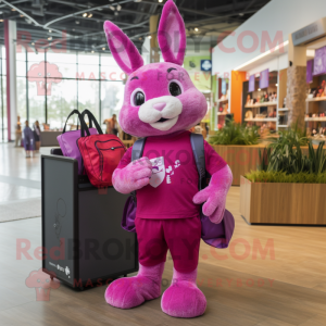 Magenta Rabbit mascot costume character dressed with a Graphic Tee and Tote bags