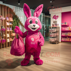 Magenta Rabbit mascot costume character dressed with a Graphic Tee and Tote bags