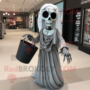 Silver Graveyard mascot costume character dressed with a Evening Gown and Tote bags