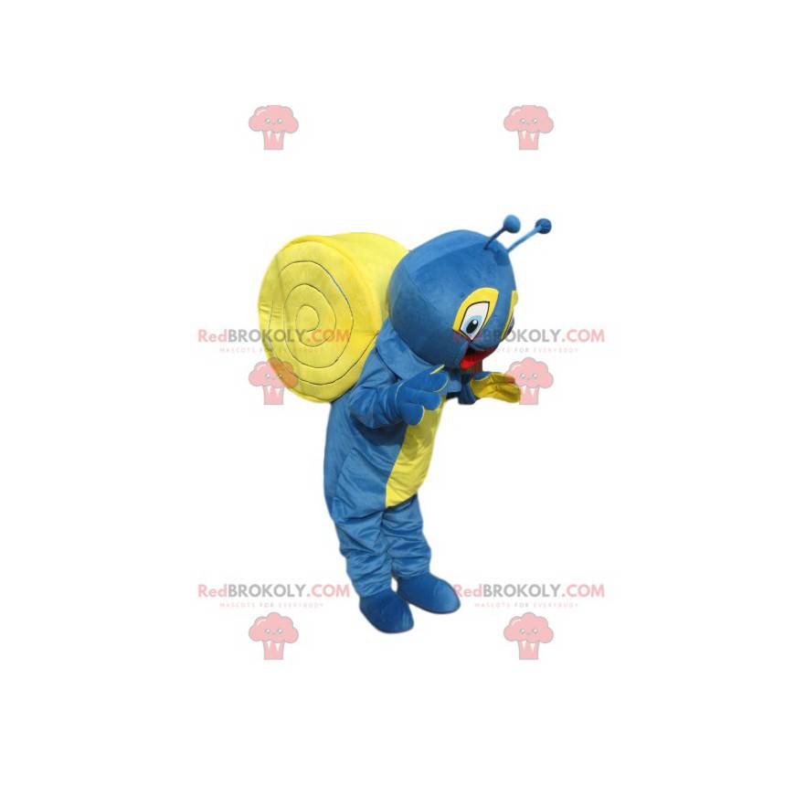 Mascote caracol azul e amarelo muito feliz - Redbrokoly.com