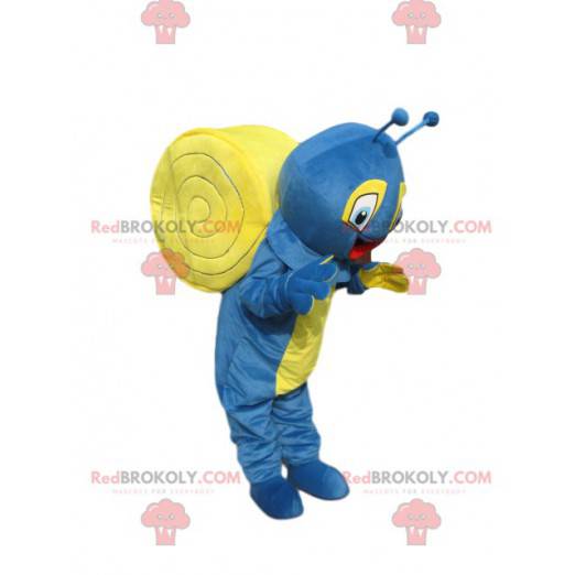 Mascote caracol azul e amarelo muito feliz - Redbrokoly.com