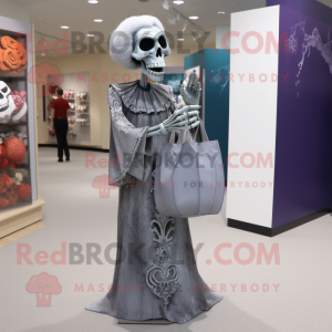 Silver Graveyard mascot costume character dressed with a Evening Gown and Tote bags