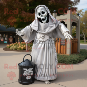 Silver Graveyard mascot costume character dressed with a Evening Gown and Tote bags