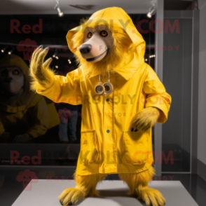 Yellow Baboon mascot costume character dressed with a Raincoat and Gloves