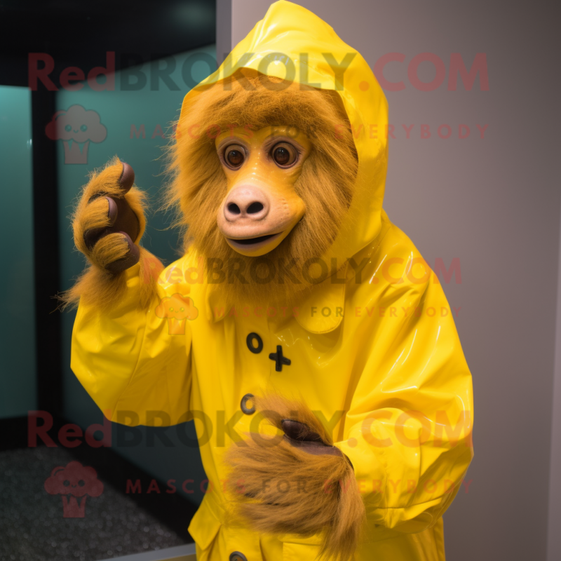 Yellow Baboon mascot costume character dressed with a Raincoat and Gloves Yellow Baboon mascot costume character dressed with a Raincoat and Gloves