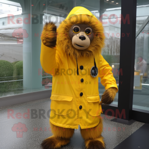 Yellow Baboon mascot costume character dressed with a Raincoat and Gloves
