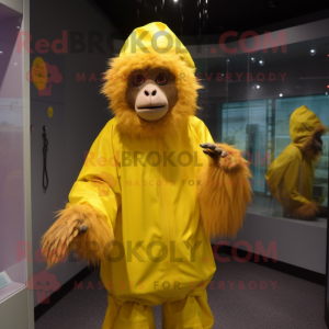 Yellow Baboon mascot costume character dressed with a Raincoat and Gloves