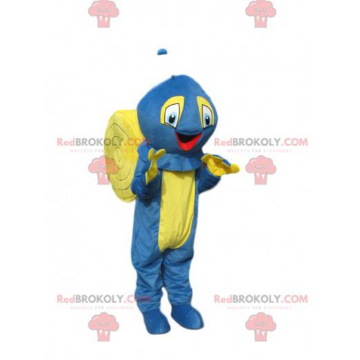 Mascote caracol azul e amarelo muito feliz - Redbrokoly.com