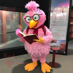 Pink Hens mascot costume character dressed with a Corduroy Pants and Reading glasses